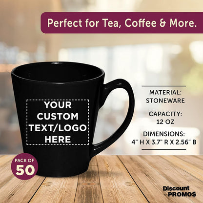 DISCOUNT PROMOS Custom Glossy Ceramic Latte Coffee Mug 12 oz. Set of 50, Personalized Bulk Pack - Perfect for Tea, Espresso, Cappuccino, Hot Cocoa - Black