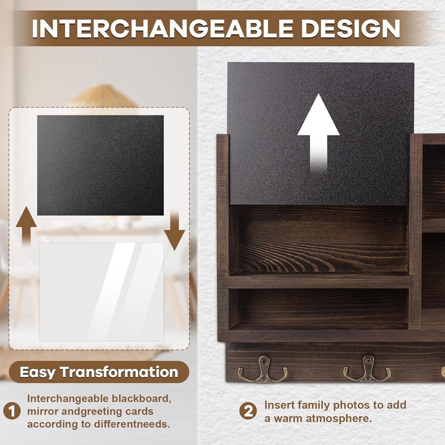 Key Holder for Wall, Mail Organizer Wall Mount with Key Hooks and Chalkboard & Mirror for Sunglasses Storage and Dog Leash Hanger, Decorative with 4 Double Hooks