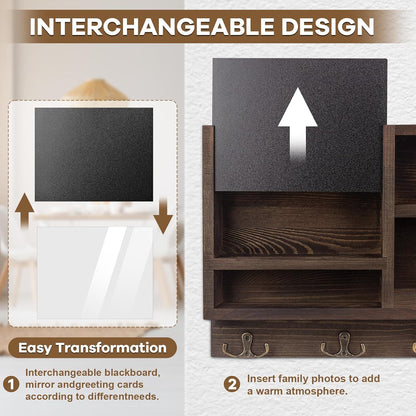 Key Holder for Wall, Mail Organizer Wall Mount with Key Hooks and Chalkboard & Mirror for Sunglasses Storage and Dog Leash Hanger, Decorative with 4 Double Hooks