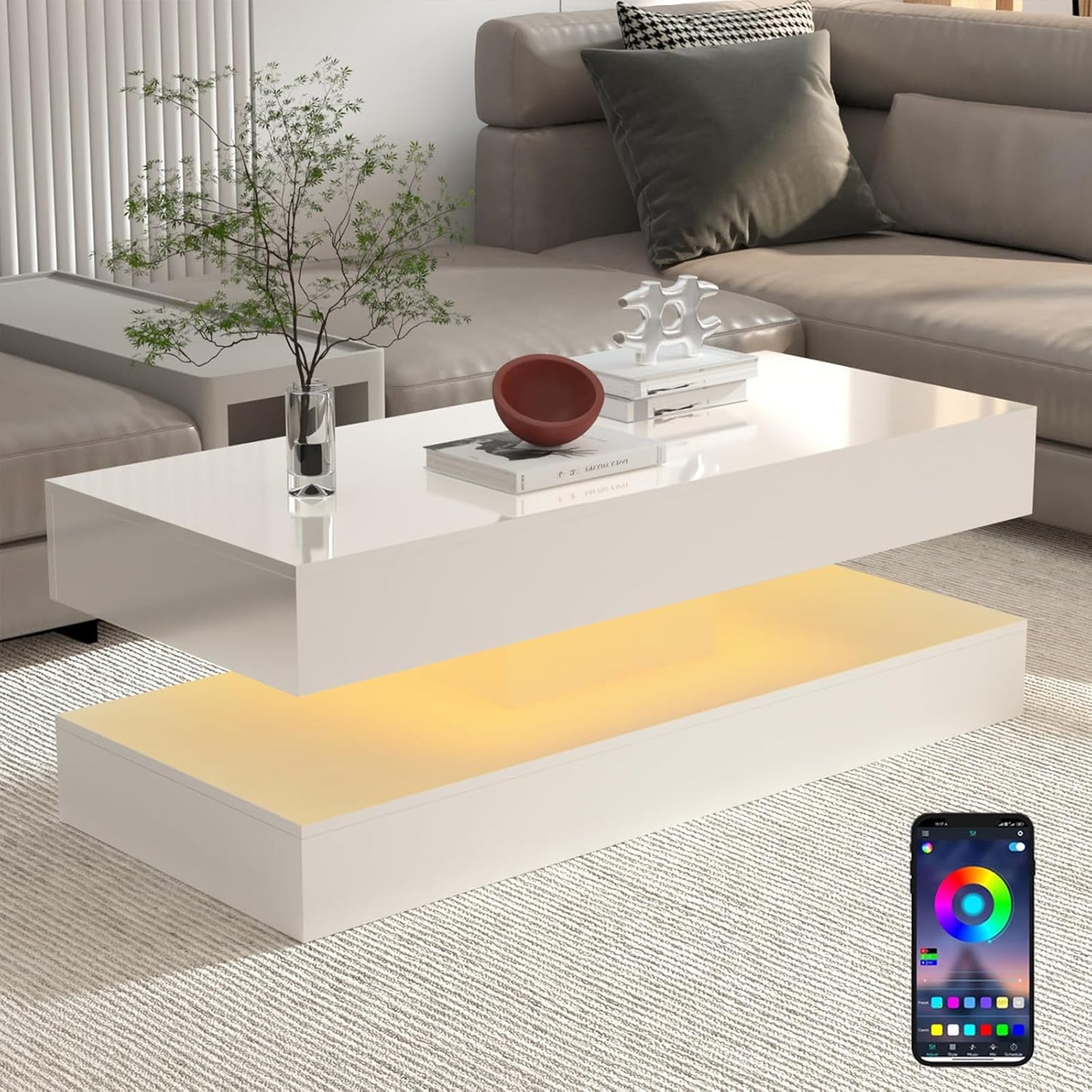 Uspeedy 47.3IN High Glossy LED Coffee Table,APP LED Lights,Black/White, Modern Furniture for Living Room (White)