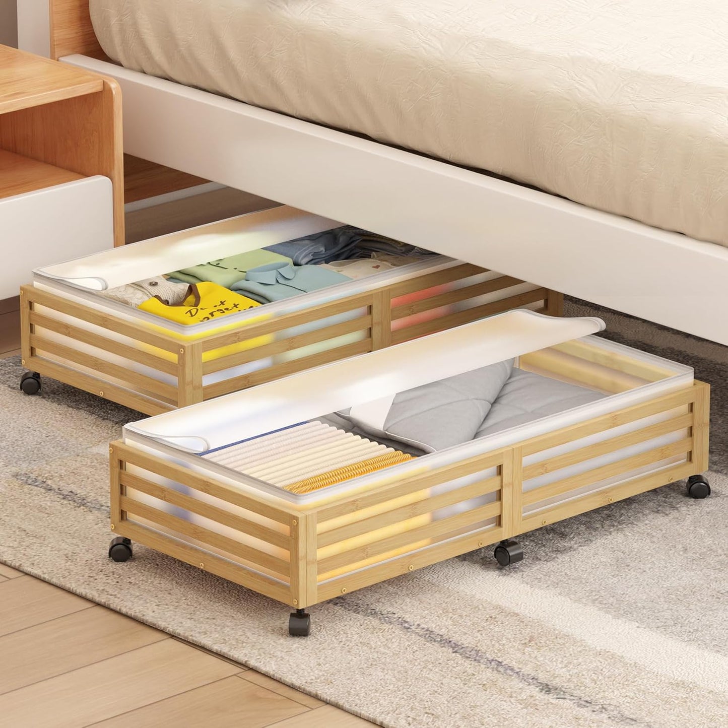 Under Bed Storage Containers With Wheels - 2 Pcs Large Bamboo Wood Rolling Underbed Shoe Storage Bins With Dust Bags for Clothes Blankets, Duvet Covers Snacks Toys (Natural)