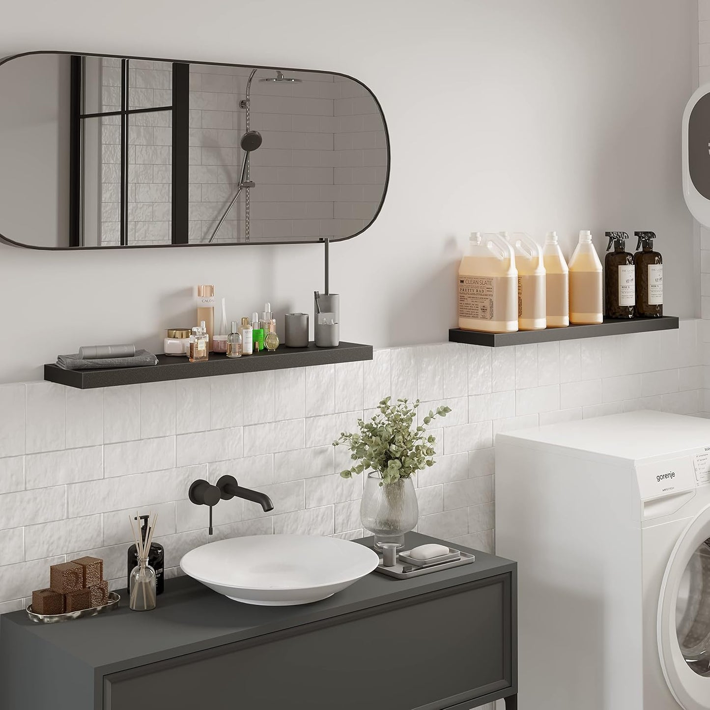 BAMEOS Floating Shelves, 35 Wx7 D Black Wall Mounted Wooden Shelves with Invisible Brackets Set of 2, Hanging Wall Shelves Decoration for Bedroom and Kitchen