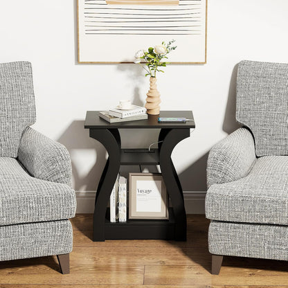 End Table with Charging Station, Side Table with USB Ports and Outlets, Nightstand, 3 Tier End Table with Storage Shelf for Living Room, Bedroom (Black)