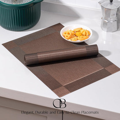 Placemats Set of 4 - Easy Clean Woven Vinyl Placemats for Dining Table, Indoor/Outdoor Place Mats, Washable PVC Table Mats（Brown Cube）