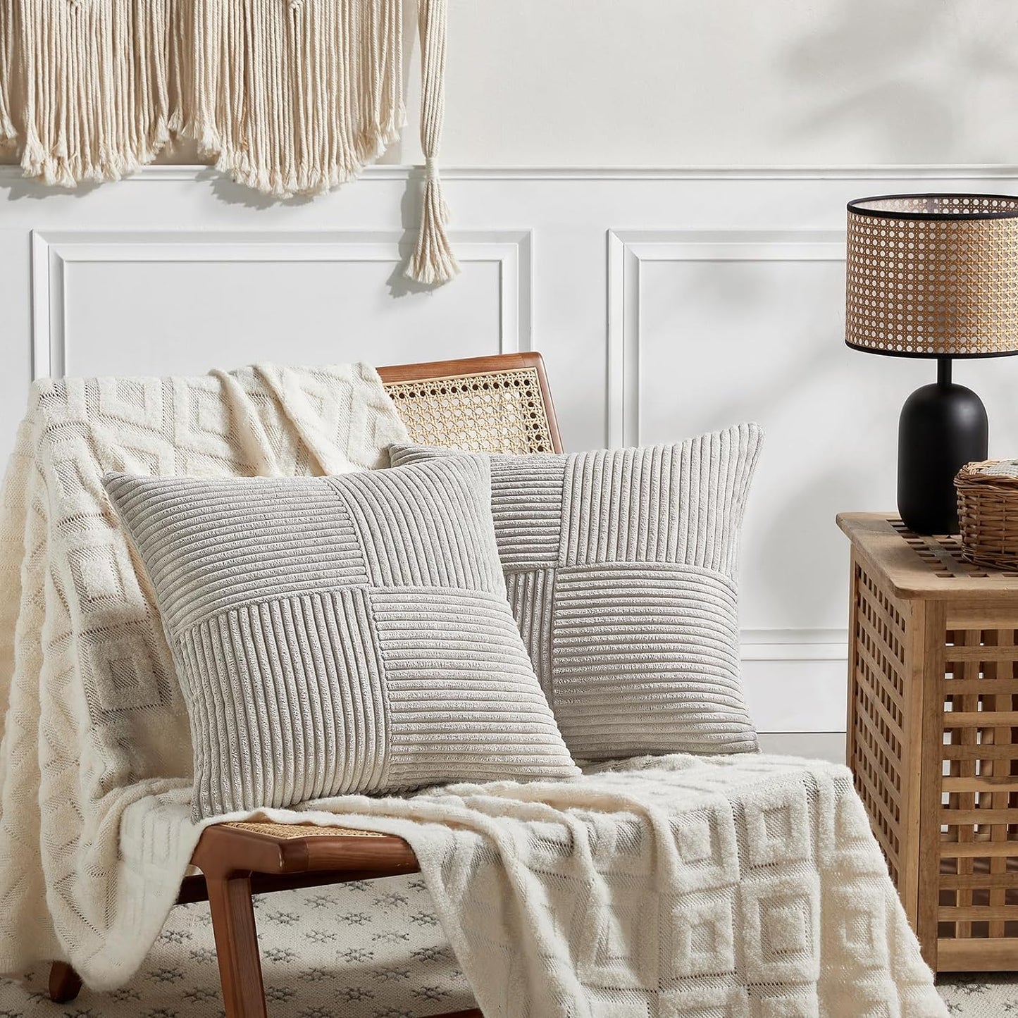 Fancy Homi 2 Packs Neutral Grey Decorative Throw Pillow Covers 22x22 Inch for Living Room Couch Bed Sofa, Rustic Farmhouse Boho Home Decor, Soft Corss Corduroy Patchwork Accent Cushion Case 55x55 cm