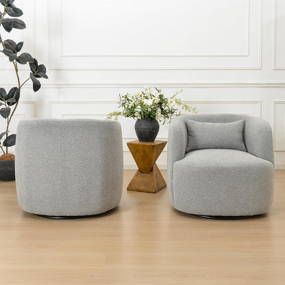 KINWELL 34" Wide Sherpa Swivel Barrel Chairs Set of 2, No Assembly Round Boucle Upholstered Accent Chairs Armchairs Single Sofa Chair with Toss Pillow for Living Room and Bedroom, Gray