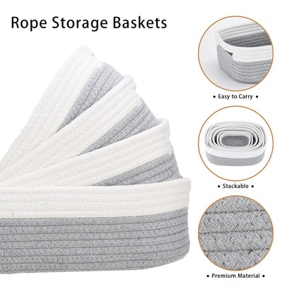 7 Piece Cotton Rope Woven Basket Set - Small Basket for Baby Nursery, Pets, Montessori, Dog & Cat Toy Boxes, Bathroom Organization Bins (White/Gray)