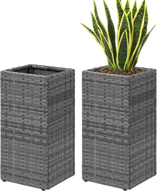 SUNNYPARK 2 Pack Tall Planters for Outdoor Plants Rattan Modern Tall Square Planter Box with Removable Liners Indoor Outdoor Porch Patio Flower Pot (12’’ x 12’’ x 24’’)