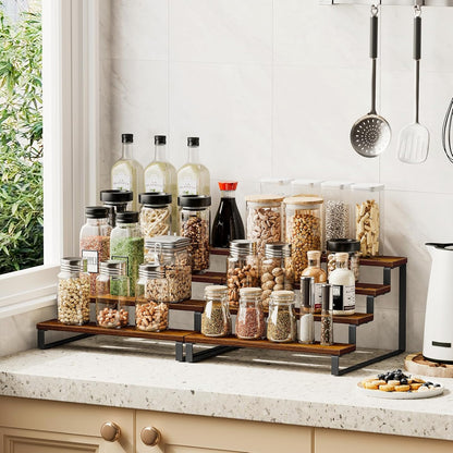 Giikin 4 Tier Spice Rack, Set of 2 Wooden Spice Rack for Countertop, Kitchen Counter Storage Shelves Cupcake Stand Holder Display Stand, Rustic Brown