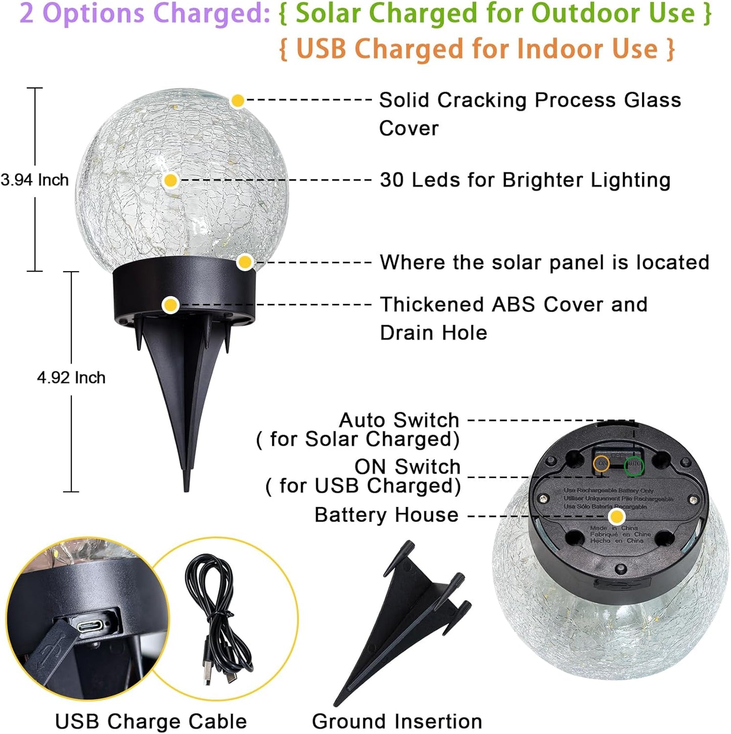 Beautyard Solar Globe Lights Outdoor USB Charged Garden Decor 3.94" Diameter 30LED 1000mAh Solar Globe Lights for Outdoor Indoor Mothers Day Gifts Holiday Decor(3.94'' Medium 4 Pack Warm White)