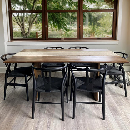 Wishbone Chair Natural Solid Wood Dining Chair/Hans Wegner Y Chair Rattan and Wood Accent Armrest Chairs Set of 4 (Ash Wood + Black 4 Chairs)
