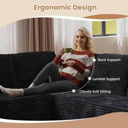 HOOOWOOO Cloud Sectional Couches for Living Room,Modular Sectional Sofa No Assembly,133X70 Inch Plush Corduroy Large U Shaped Floor Couch Set with Deep Seat Chaise Lounge(Black)