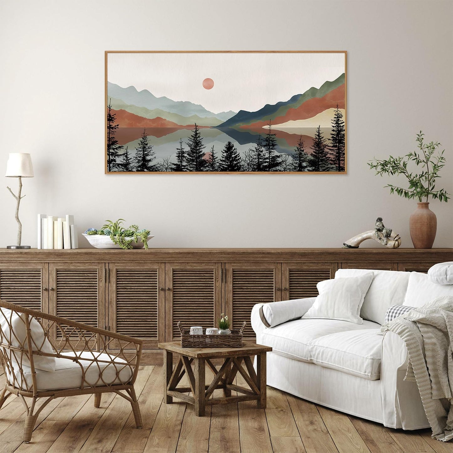 Tinonedraw Boho Mountain Framed Canvas Wall Art Set, Watercolor Nature Landscape Wall Decor, Neutral Modern Sunrise Artwork, Black Pine Trees Forest Art Prints for Living Room Bedroom Office 20"x40"