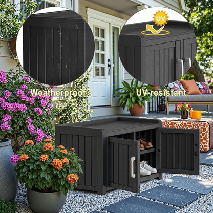 ROJIK Shoe Cabinet Waterproof UV-Resistant,Storage Bench Indoor Outdoor with Adjustable Shelves,for Entryway Bedroom,Hallway,Living Room(Double Door,Black)