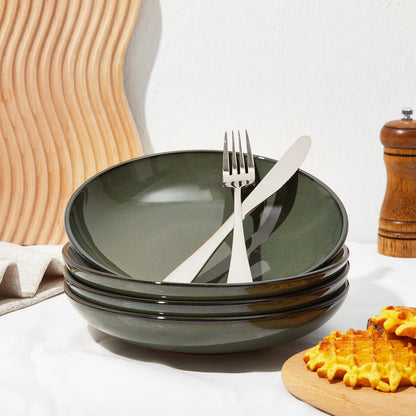 16 Piece Double Bowl Dinnerware Sets with Pasta Bowls, Highly Chip and Crack Resistant Plates and Bowls Sets, Natural Earthyware Ceramic Dishware Sets, Service for 4 Blackish Green