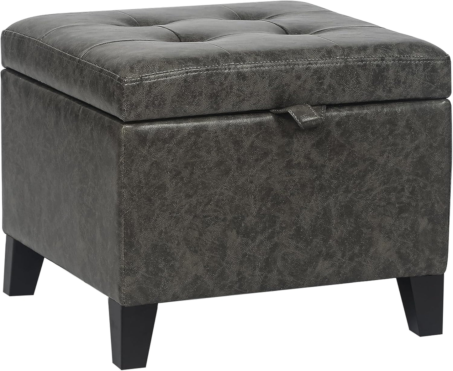 Adeco Faux Leather Storage Ottoman Bench with Wood Legs, 17.7" Square Mixed Grey PU Cube Foot Stool, Upholstered Button Tufted Vanity Chair with Hinged Lid for Living Room, Bedroom, Dorm