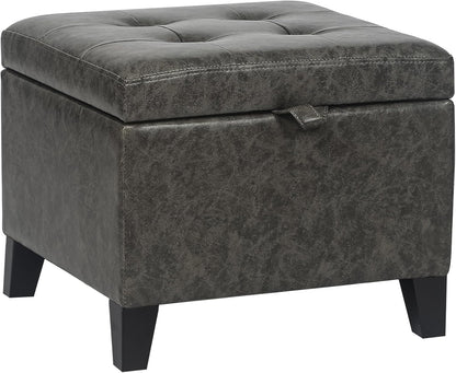Adeco Faux Leather Storage Ottoman Bench with Wood Legs, 17.7" Square Mixed Grey PU Cube Foot Stool, Upholstered Button Tufted Vanity Chair with Hinged Lid for Living Room, Bedroom, Dorm
