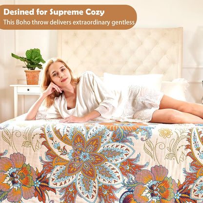 Boho Throw Blanket, 100% Organic Cotton Breathable Ultra Soft Bed Quilt Throw - All Season Floral Bird Butterfly Farmhouse Decor Blanket for Sofa Couch Chair and Gift. 50" x 60"