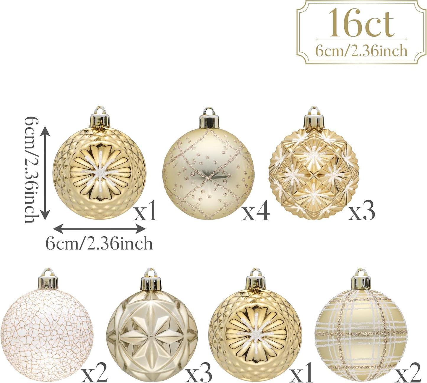 Valery Madelyn Ornaments for Christmas Trees, 16ct 2.36 Inches White and Gold Shatterproof Christmas Tree Decorations, Luxury Hanging Ball Ornaments for Xmas Holiday Party Decor