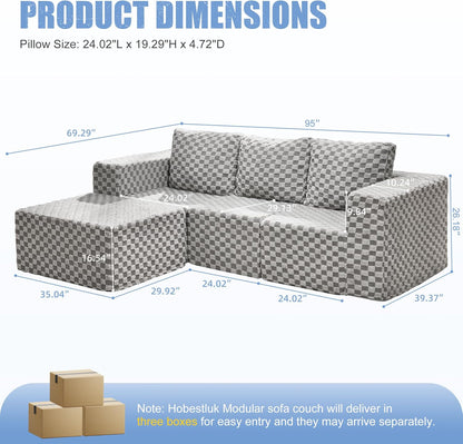 Hobestluk Modular Sectional Sofa Memory Foam Couch Oversized Sectional Sofa 3-Seater with Chaise Cloud Couch with Removable Cover L Shape Sofa for Living Room (Plush Grey, 3-Seater with Chaise)