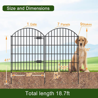 Metal Garden Fence with Gate 36in (H) x 18.7ft (L), 1 Gate+7 Panels Dog Fence Border Fence Animal Barrier, No Dig Garden Fencing for Yard Flower Bed Lawn Patio Outdoor,ECG3508,Black