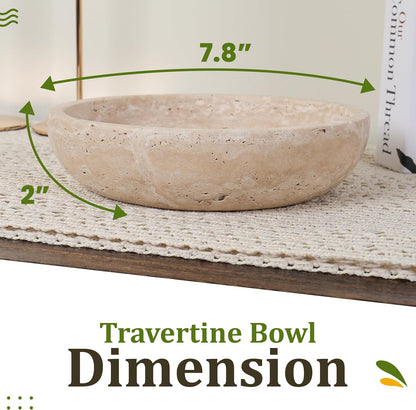 Travertine Decorative Bowl - 7.8” Diameter & 2” Height - Key Bowl for Entryway Table - Travertine - Organic Modern Centerpiece - Beige/Natural