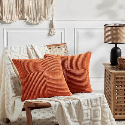 Fancy Homi Set of 2 Burnt Orange Decorative Throw Pillow Covers 18x18 Inch for Living Room Couch Bed, Boho Farmhouse Fall Home Decor, Soft Textured Corduroy Corss Patchwork Cushion Case 45x45 cm