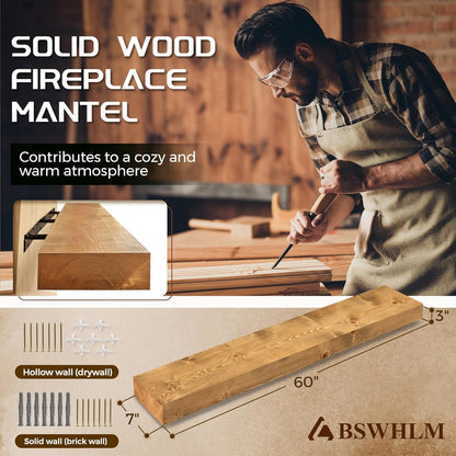 60x7x3 Fireplace Mantel - Solid Rustic Wood - Wall Mounted Floating Shelf with Invisible Heavy Duty Steel Bracket (Natural Wood)