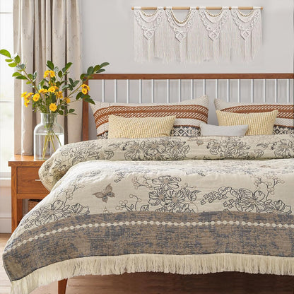 jinchan Boho Floral 100% Cotton Blanket 4-Layer Throw Blanket with Tassel Grey and White Flower Butterfly Soft Luxury Rustic Farmhouse Decor Blanket for Couch Bed 80x90 inch All Season Gift for Women