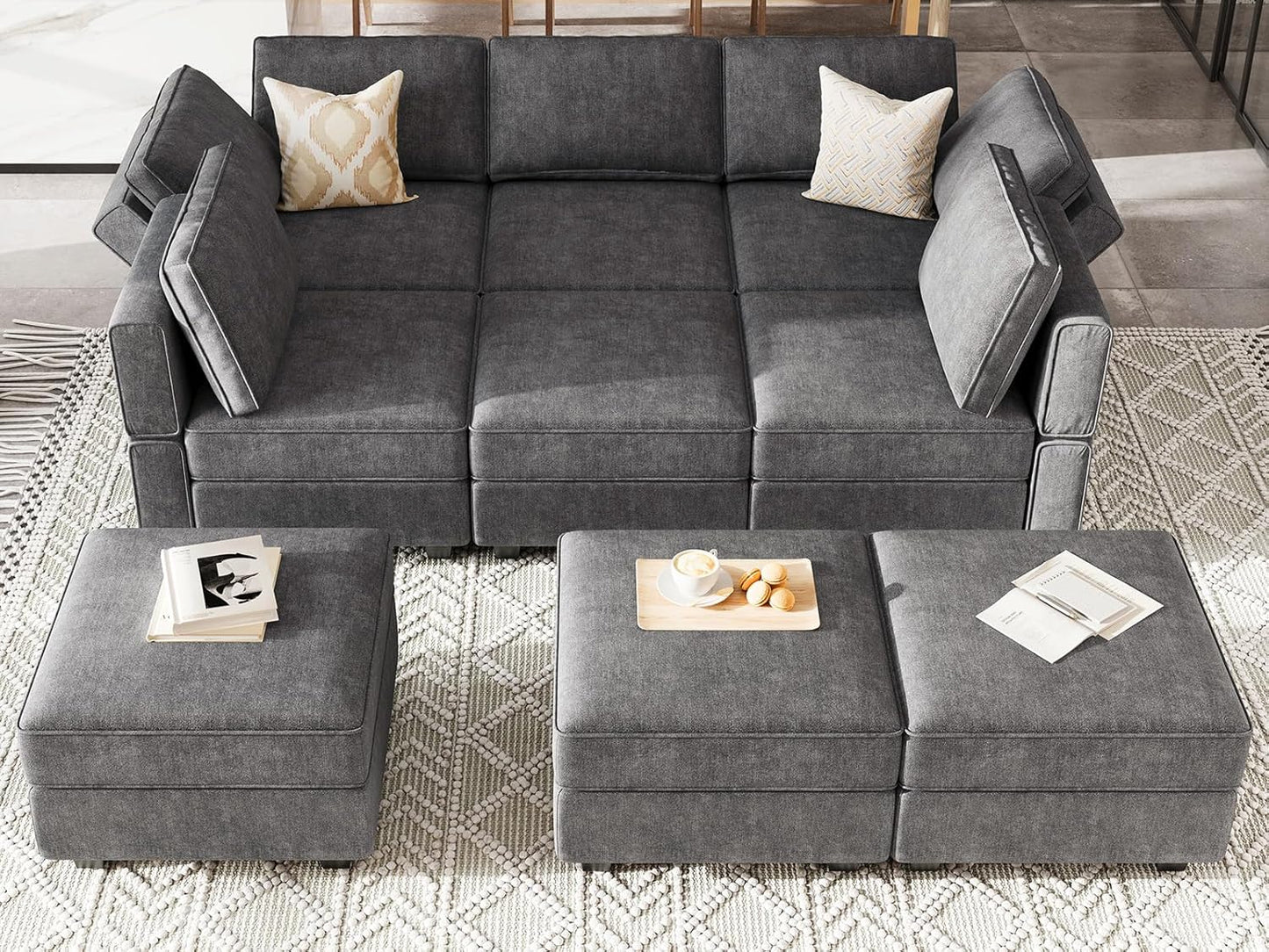 Belffin Modular Sectional Sleeper Sofa Couch with Storage Ottoman Convertible Sectional Couches for Living Room Terry Reversible Chaise. Dark Grey Sofa