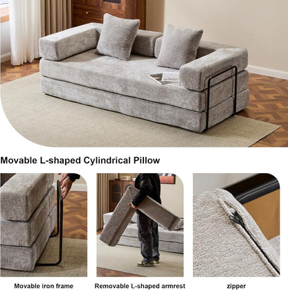 Convertible Sleeper Sofa Bed, Compression Folding Sofa with Pillow, No Assembly Required, Shape Frame, Floor Sofas Lounge Couchs for Living Room, Bedroom, Small Spaces(Chenille, 77''W, Light Grey)