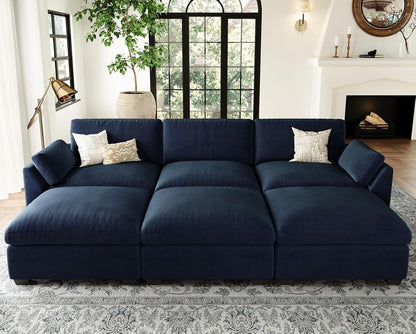 Belffin Sectional Couches for Living Room,106.3" 6-Seater Sleeper Sofa Bed,Extra Deep Seat Velvet Cloud Couch with Ottoman,Modular Sectional Sofa with Washable Covers,Blue