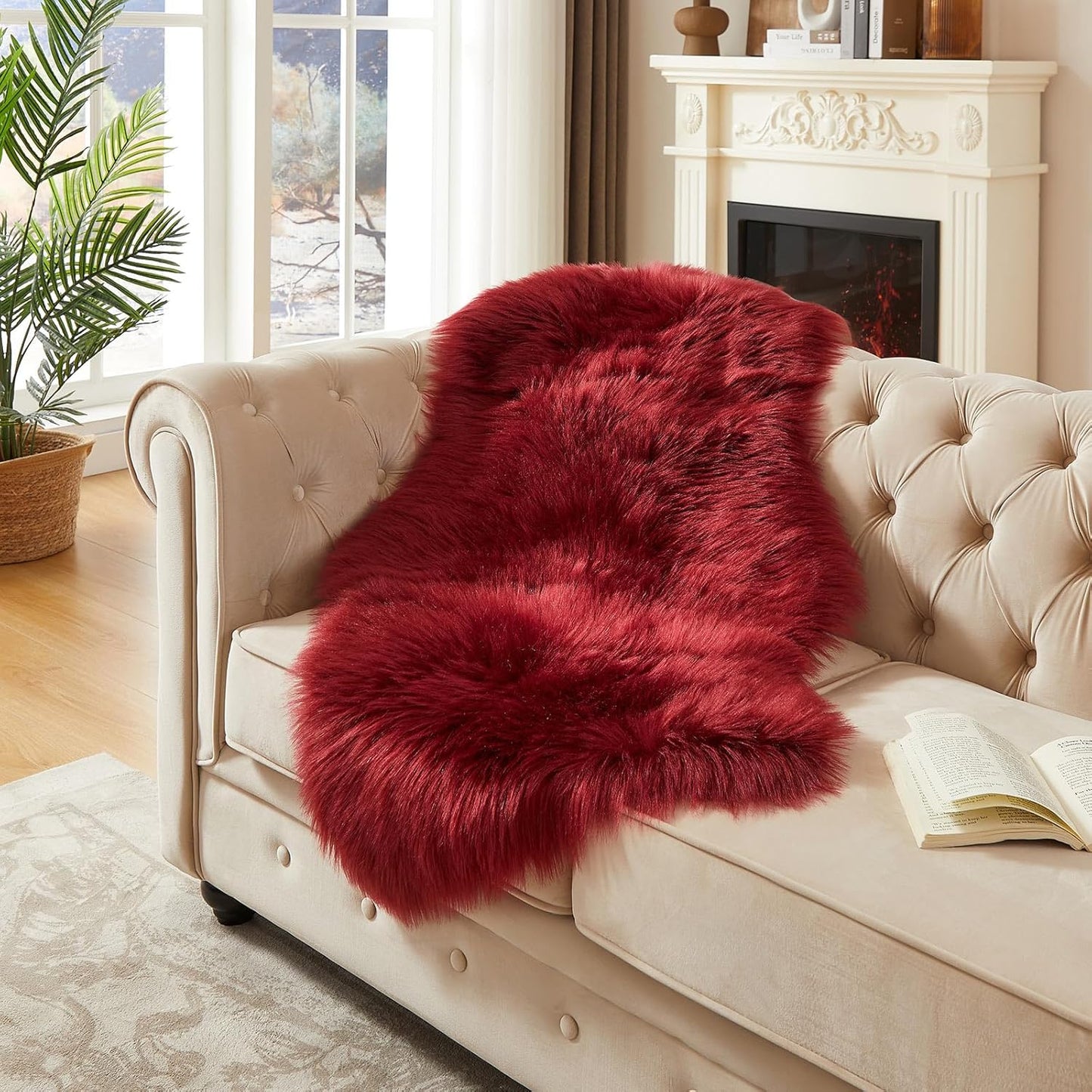 AMTOVO Faux Fur Rug, Burgundy Area Rug, Fluffy Sheepskin Rug, Fuzzy Ultra Soft 2 x 4 ft Shag Rugs for Bedroom Sofa Throw Cushion Room Decor, Sheepskin