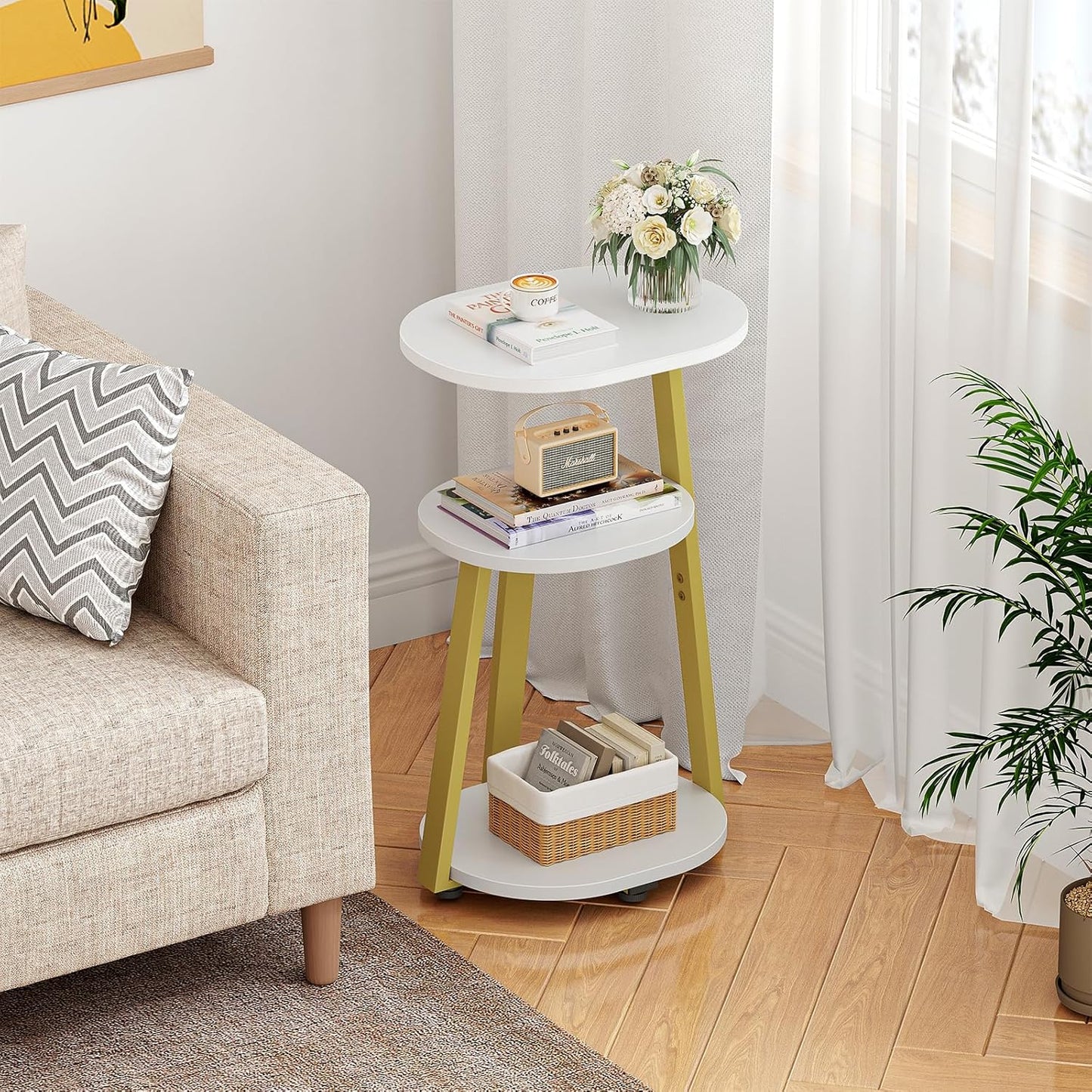 Side Table, Small End Table with Metal Frame, 3-Tier Bedside Tables, Round Side Tables for Living Room Bedroom Couch Bathroom, Oval, White