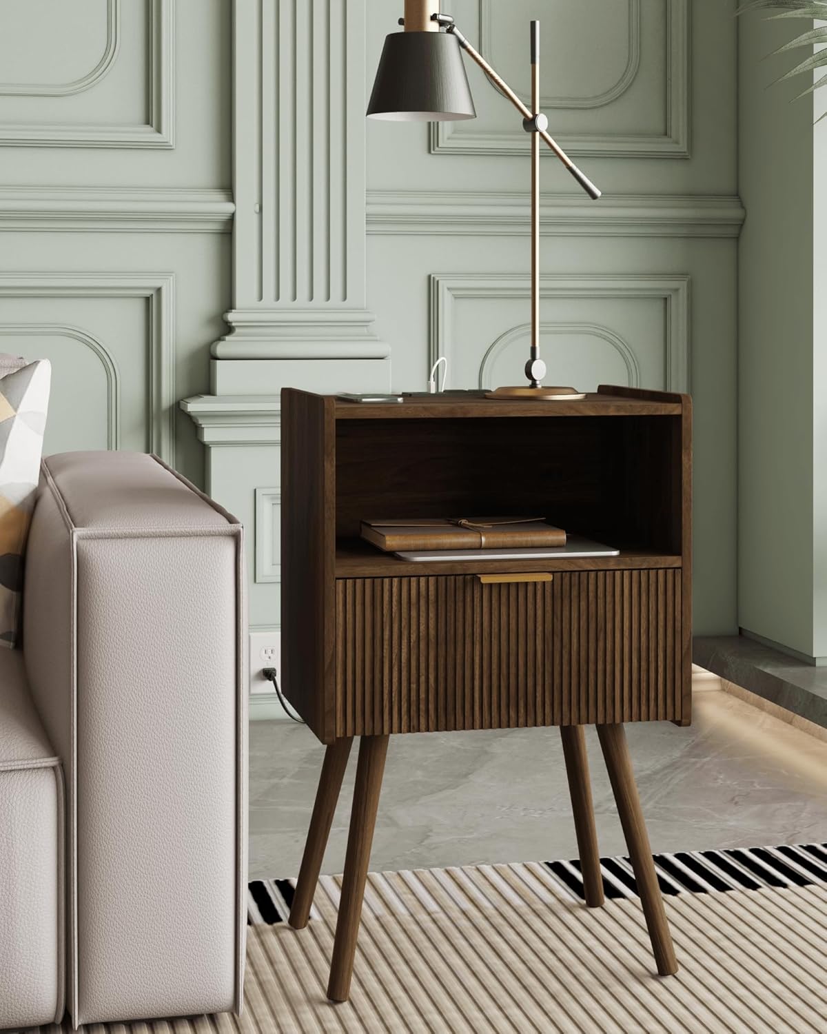 Nightstand,Modern Bedside Table with Storage Drawer and Open Wood Shelf, Accent Night Stand with Solid Wood Legs for Living Room, Bedroom and Small Spaces,Easy Assembly (Walnut Brown-Outlet)