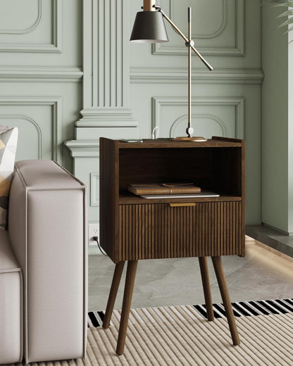 Nightstand,Modern Bedside Table with Storage Drawer and Open Wood Shelf, Accent Night Stand with Solid Wood Legs for Living Room, Bedroom and Small Spaces,Easy Assembly (Walnut Brown-Outlet)