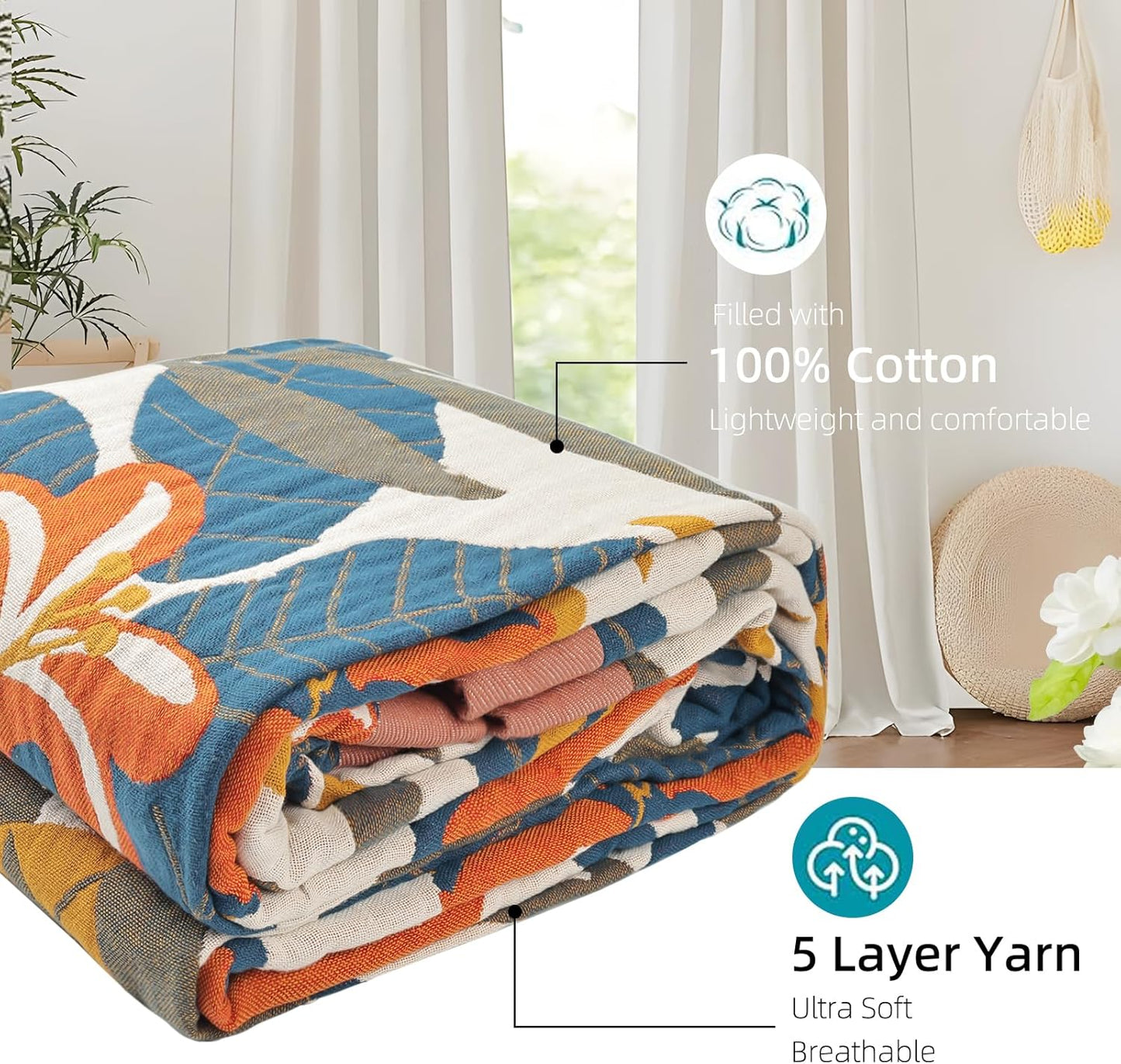 Boho Throw Blanket for Bed - 100% Pure Cotton Ultra Soft Rustic Quilt - Farmhouse Decor Bed Blankets, All Season Rustic Throw for Sofa Couch Chair(91''x 98'', Floral Sea)