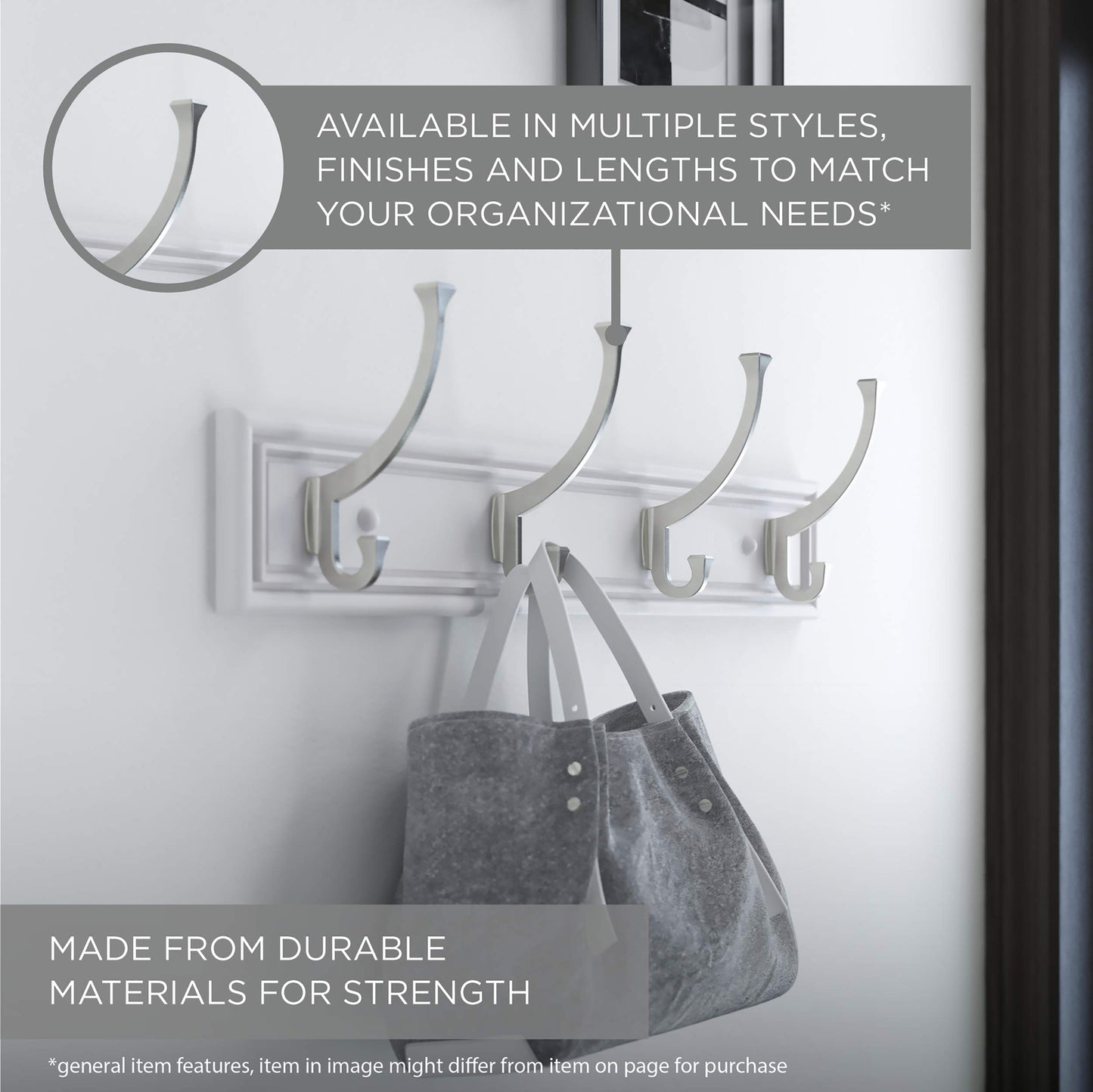 Liberty 129849 18-Inch Coat and Hat Hook Rail/Rack with 4 Heavy Duty Hooks, White and Satin Nickel