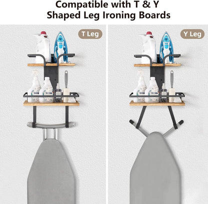 VINAEMO Ironing Board Hanger Wall Mount, 2-Layer Iron and Ironing Board Holder, Laundry Room Shelves Solid Wood with Removable Hooks Home Organization and Storage