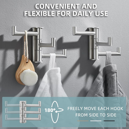 Angle Simple Swivel Towel Hooks, SUS 304 Stainless Steel Foldable Robe Hand Towel Holder for Bathroom Kitchen Wall, Brushed Nickel, 2 Pack