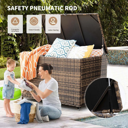 178 Gallon Outdoor Storage Box, Handle Large Portable Wicker Rattan Deck Box for Patio Furniture Cushions, Patio Deck Box with 2 WheelsThrow Pillows, Garden Tools and Pool Floats (Brown)