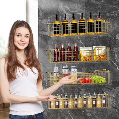 Spice Rack, 4-Pack Seasoning Organizer Wall Mount for Kitchen Storage Organization, Spice Holder Shelf Saving Space for Cabinet, RV, Pantry, Gold