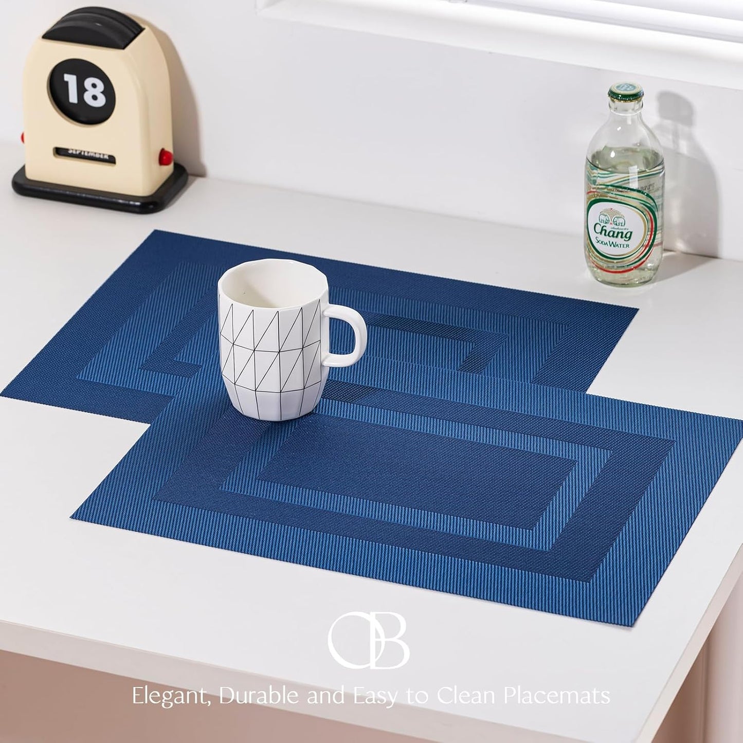 Placemats Set of 4 - Easy Clean Woven Vinyl Placemats for Dining Table, Indoor/Outdoor Place Mats, Washable PVC Table Mats（Navy Cube）