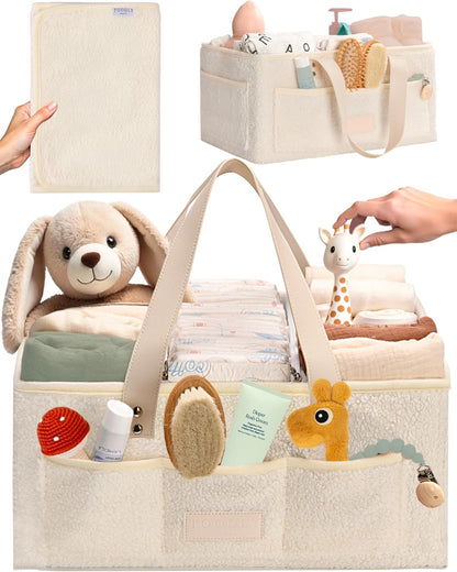 Baby Diaper Caddy Organizer with Portable Changing Mat - Teddy Fleece Diaper Organizer for Changing Table - Basket for Changing Essentials - Baby Essentials Organizer with Removable Dividers