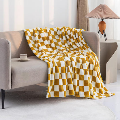 LOMAO Throw Blankets Flannel Blanket with Checkerboard Grid Pattern Soft Throw Blanket for Couch, Bed, Sofa Luxurious Warm and Cozy for All Seasons (Yellow, 60"x80")