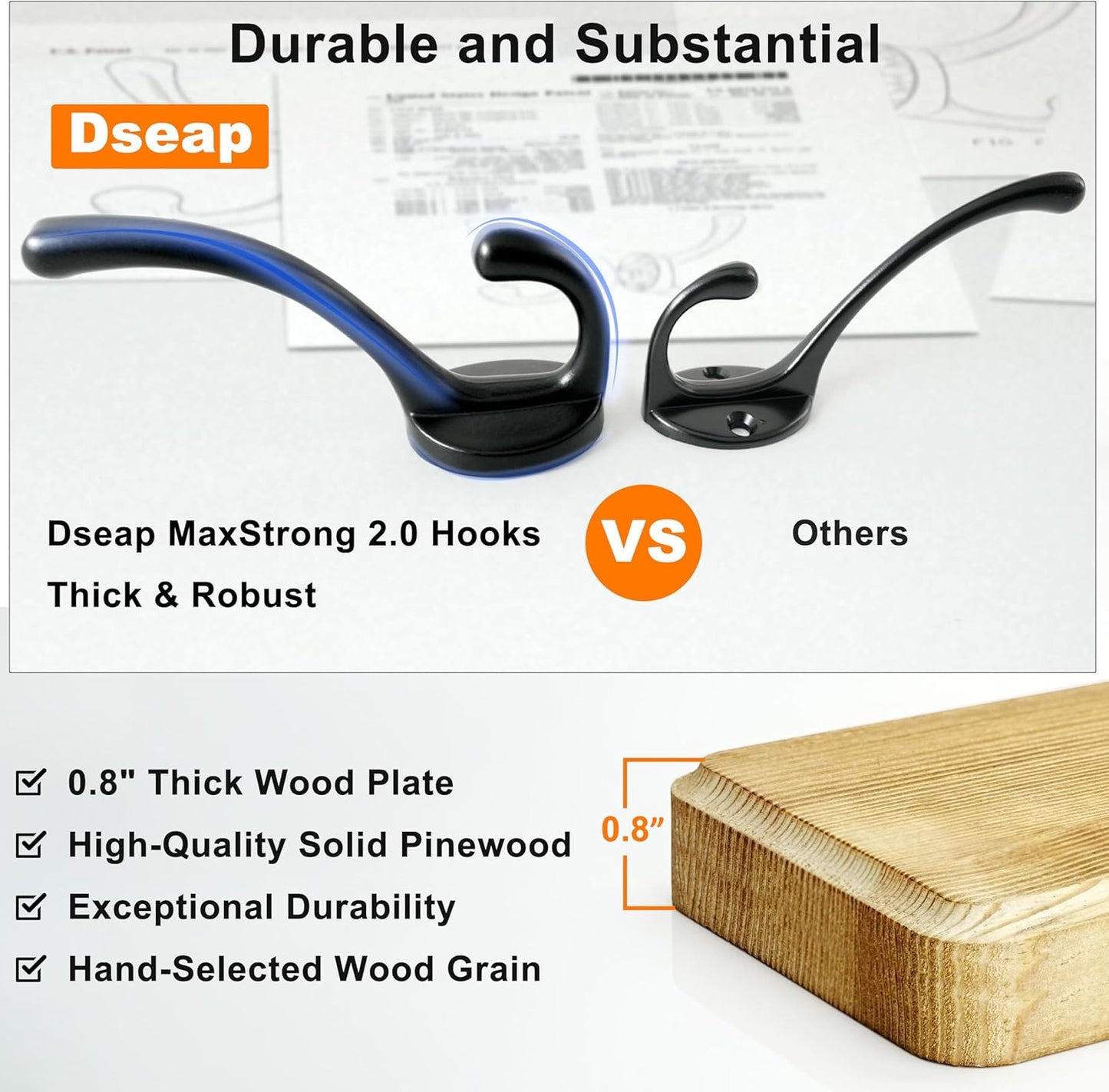 Dseap Coat Rack Wall: 24" Long, Patented, Heavy-Duty, 6-Double-Hooks Wooden Wall Mounted Coat Rack Coat Hanger Hook Rail for Winter Coats Hat Jacket Clothing, Natural & Black