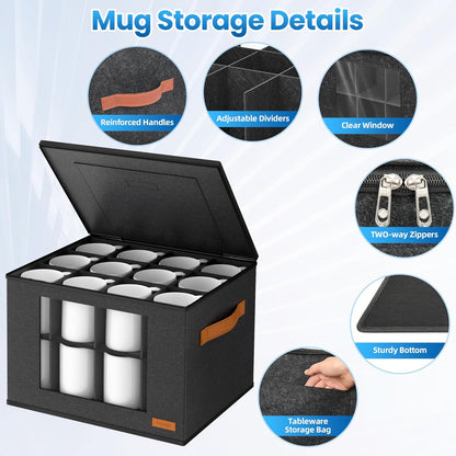 2-Layer Coffee Mug Storage Box with Dividers, Coffee Cup Storage Organizer with Zipper Lid and Handles, Stackable Mug and Cup organizer Service for 24 Coffee Mugs, Cups and Glasses, Dark Grey