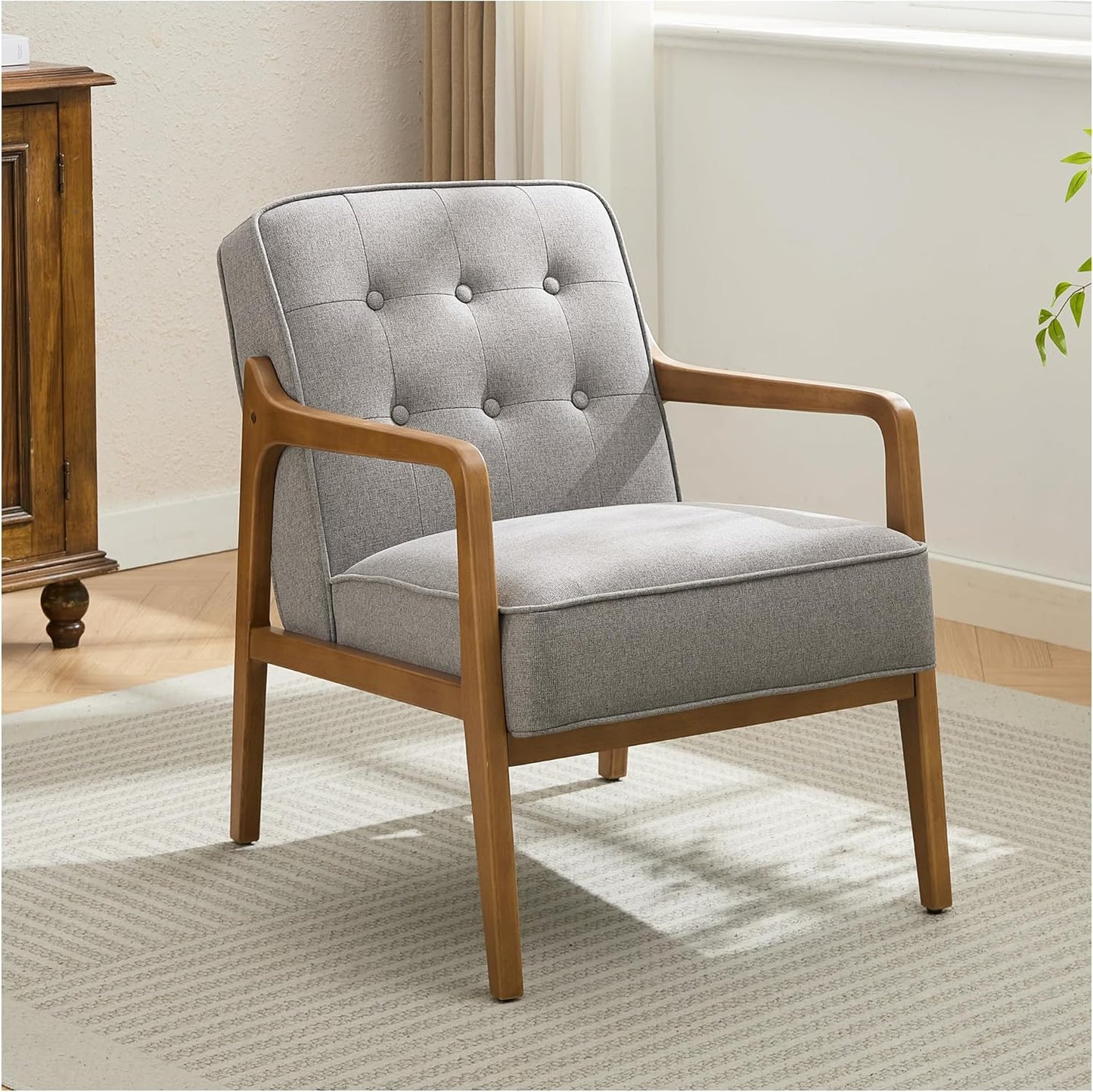 Linen Accent Chair, Mid Century Modern Chair for Living Room, Upholstered Comfy Lounge Armchair with Solid Wood Frame, Reading Side Chair for Bedroom,105°Ergonomic Comfort, Grey