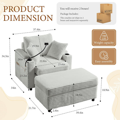 Accent Chair with Storage Ottoman Upholstered Living Room Chairs for Reading Chair with Chaise Lounge Chairs Indoor, Comfortable Armchair for Bedroom