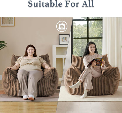 Giant Plush Bean Bag Chair for Adults with Armrests - Oversized Comfy Khaki Beanbag Lounge Lazy Floor Sofa Chair for Living Room, Bedroom & Dorm, Cozy Fluffy Single Cloud Mini Couch